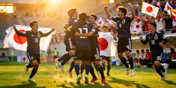 日本队战胜德国队后球员们庆祝胜利的精彩瞬间
